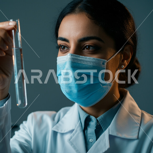 الأبحاث العلمية المخبرية، بورتريه مقرب لطبيبة مخبرية عربية خليجية سعودية ترتدي البالطو الابيض والكمامة تحمل بيدها أنبوب الاختبارتقوم بفحصه بإيماءات التركيز والتدقيق، إجراء التجارب والتفاعلات الكيميائية، مفهوم الكيمياء الحيوية والبحث والتطوير، خلفية رمادية