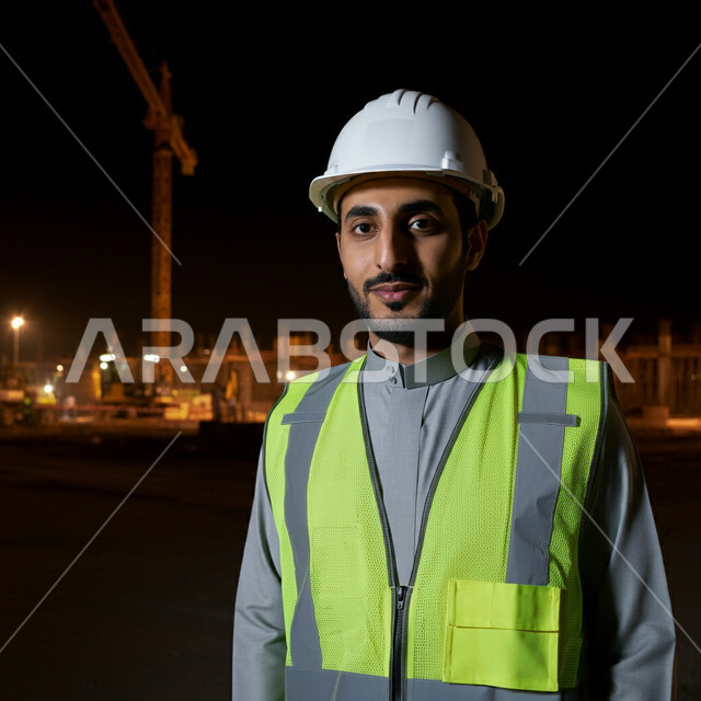 العمل في القطاع الهندسي، الإشراف والرقابة على المشاريع والخطط الهندسية المعمارية، النمو والتطور العمراني على أيدي أبناء الوطن، صورة مقربة لمهندس معماري عربي خليجي سعودي يرتدي الخوذة وسترة الوقاية ينظر إلى الكاميرا بإيماءات الثقة بالنفس, مهن ووظائف شبابية