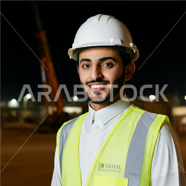 Supervision and control of architectural engineering projects and plans, urban growth and development by the sons of the homeland, close-up of a Saudi Arabian Gulf architect wearing a helmet and a protective vest looking at the camera with gestures of self-confidence, work in the engineering sector, youth professions and jobs