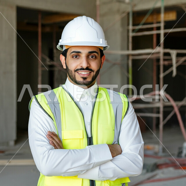 الإعمار والبناء على أيدي أبناء الوطن، المشاريع الهندسية المعمارية، مهن ووظائف شبابية، صورة مقربة لمهندس معماري عربي خليجي سعودي يرتدي الخوذة وسترة الوقاية يقف بأيدي متقاطعة ينظر إلى الكاميرا بإيماءات الثقة بالنفس، العمل في القطاع الهندسي