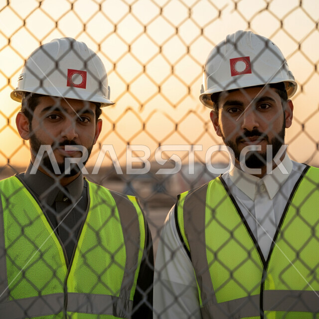 متابعة الخطط والمشاريع الهندسية المعمارية، مهن ووظائف شبابية، صورة مقربة لمهندسين معماريين عربيين خليجيين سعوديين يرتديان الخوذة وسترة الوقاية ينظران إلى الكاميرا بإيماءات الثقة بالنفس، الإعمار والبناء على أيدي أبناء الوطن، العمل في القطاع الهندسي