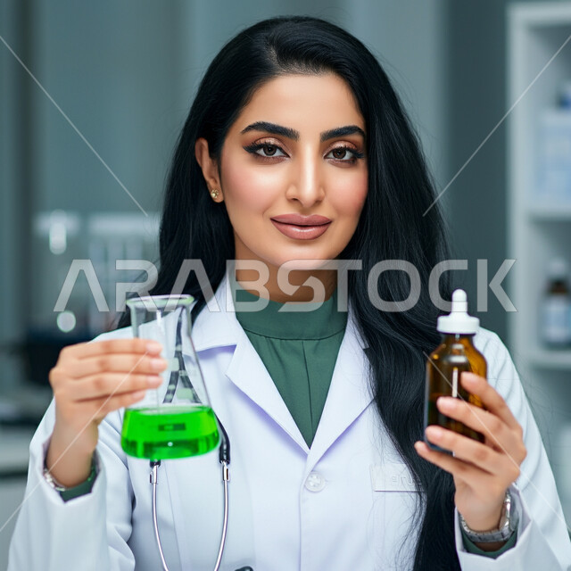 ادوية لمعالجة الحالات المرضية والوقاية من الامراض،  مفهوم الطب والرعاية الصحية، صورة مقربة لطبيبة عربية خليجية سعودية ترتدي المعطف الابيض والسماعة الطبية تمسك بيدها جرعة دواء خاصة بالمريض، العمل في القطاع الصحي، مفهوم الصيدلة والمستلزمات الطبية
