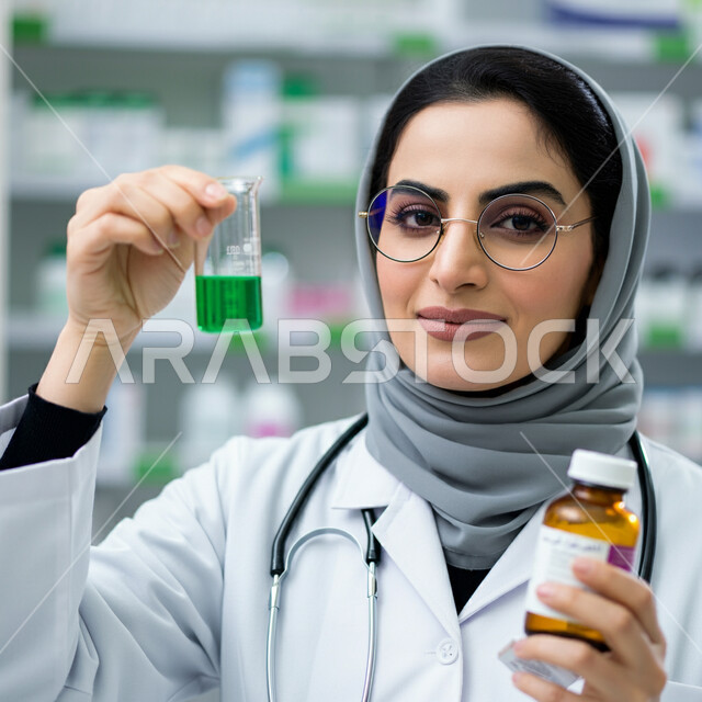 ادوية لمعالجة الحالات المرضية والوقاية من الامراض،  مفهوم الطب والرعاية الصحية، صورة مقربة لطبيبة عربية خليجية سعودية ترتدي المعطف الابيض والسماعة الطبية تمسك بيدها جرعة دواء خاصة بالمريض، العمل في القطاع الصحي، مفهوم الصيدلة والمستلزمات الطبية
