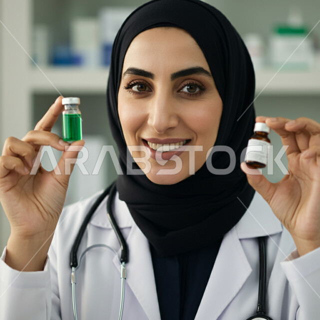 ادوية لمعالجة الحالات المرضية والوقاية من الامراض،  مفهوم الطب والرعاية الصحية، صورة مقربة لطبيبة عربية خليجية سعودية ترتدي المعطف الابيض والسماعة الطبية تمسك بيدها جرعة دواء خاصة بالمريض، العمل في القطاع الصحي، مفهوم الصيدلة والمستلزمات الطبية