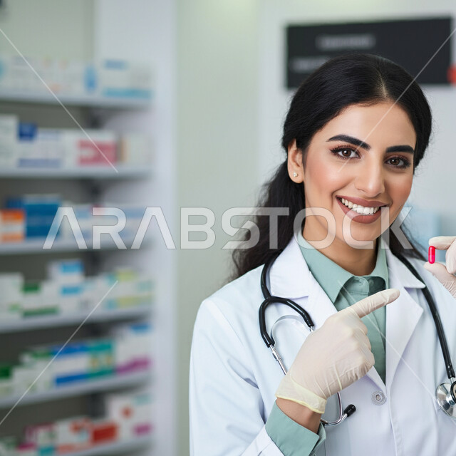 مفهوم الطب والرعاية الصحية، ادوية لمعالجة الحالات المرضية والوقاية من الامراض، صورة مقربة لطبيبة عربية خليجية سعودية ترتدي المعطف الابيض والسماعة الطبية تشير باصبع السبابة الى جرعة دواء خاصة بالمريض، العمل في القطاع الصحي، مفهوم الصيدلة والمستلزمات الطبية