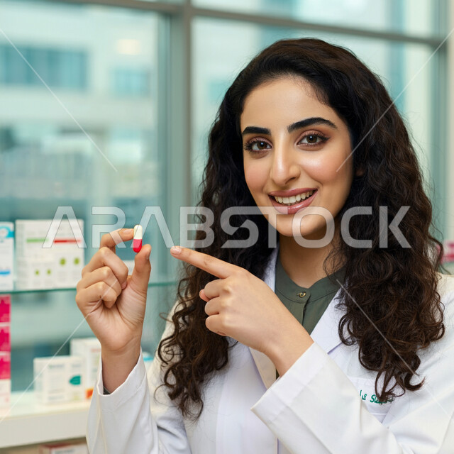 مفهوم الطب والرعاية الصحية، ادوية لمعالجة الحالات المرضية والوقاية من الامراض، صورة مقربة لطبيبة عربية خليجية سعودية ترتدي المعطف الابيض والسماعة الطبية تشير باصبع السبابة الى جرعة دواء خاصة بالمريض، العمل في القطاع الصحي، مفهوم الصيدلة والمستلزمات الطبية