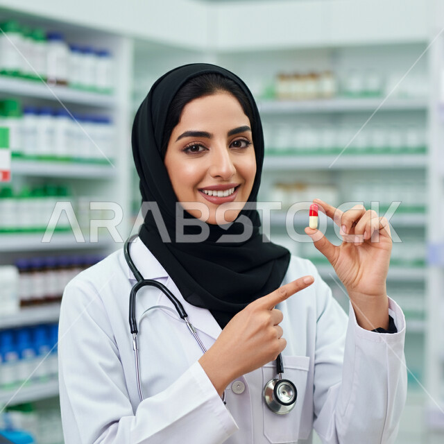 مفهوم الطب والرعاية الصحية، ادوية لمعالجة الحالات المرضية والوقاية من الامراض، صورة مقربة لطبيبة عربية خليجية سعودية ترتدي المعطف الابيض والسماعة الطبية تشير باصبع السبابة الى جرعة دواء خاصة بالمريض، العمل في القطاع الصحي، مفهوم الصيدلة والمستلزمات الطبية
