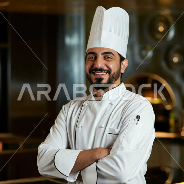 احتراف مهنة وفنون الطبخ، صورة مقربة لشيف عربي خليجي سعودي يرتدي زي الطهاة يعمل في المطبخ يقف بإيماءات أيدي متقاطعة، النظر إلى الكاميرا بتعابير السعادة والسرور، الفن في إعداد وتقديم الأصناف المتنوعة، العمل في مطابخ ومطاعم المملكة العربية السعودية
