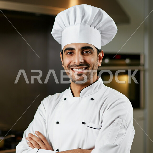 احتراف مهنة وفنون الطبخ، صورة مقربة لشيف عربي خليجي سعودي يرتدي زي الطهاة يعمل في المطبخ يقف بإيماءات أيدي متقاطعة، النظر إلى الكاميرا بتعابير السعادة والسرور، الفن في إعداد وتقديم الأصناف المتنوعة، العمل في مطابخ ومطاعم المملكة العربية السعودية
