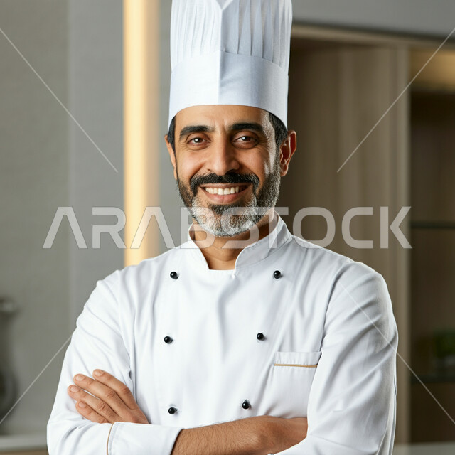 احتراف مهنة وفنون الطبخ، صورة مقربة لشيف عربي خليجي سعودي يرتدي زي الطهاة يعمل في المطبخ يقف بإيماءات أيدي متقاطعة، النظر إلى الكاميرا بتعابير السعادة والسرور، الفن في إعداد وتقديم الأصناف المتنوعة، العمل في مطابخ ومطاعم المملكة العربية السعودية