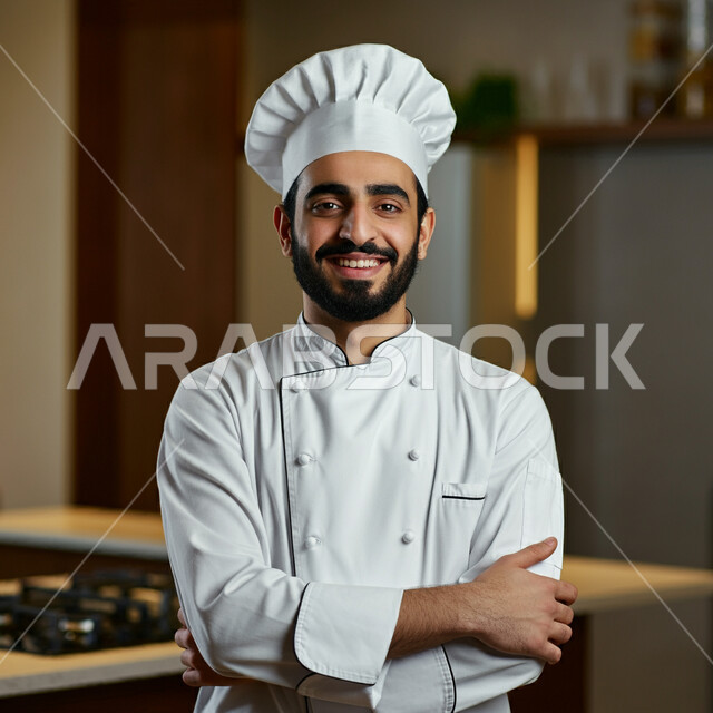 احتراف مهنة وفنون الطبخ، صورة مقربة لشيف عربي خليجي سعودي يرتدي زي الطهاة يعمل في المطبخ يقف بإيماءات أيدي متقاطعة، النظر إلى الكاميرا بتعابير السعادة والسرور، الفن في إعداد وتقديم الأصناف المتنوعة، العمل في مطابخ ومطاعم المملكة العربية السعودية