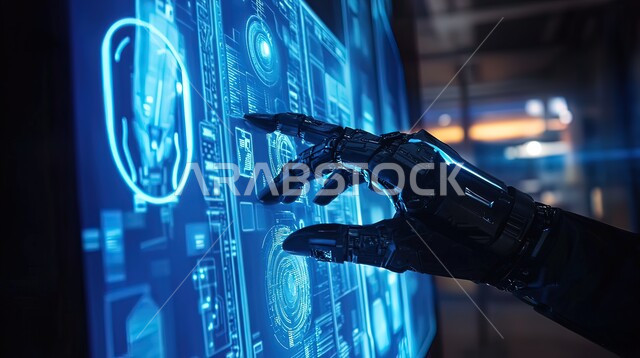 التحول الرقمي والتقدم التقني، تكنولوجيا رؤية مستقبلية سعودية 2030, صورة مقربة لأيدي رجل آلي عصري متطور, روبوت ذكي وحديث, برمجة وتحديث تقنية الذكاء الاصطناعي, خلفية زرقاء