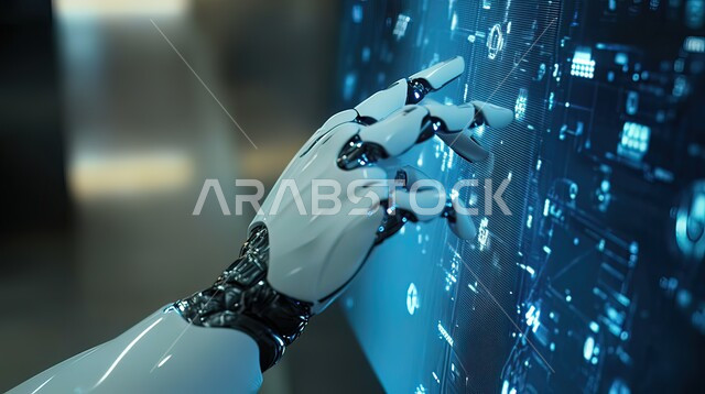 التحول الرقمي والتقدم التقني، تكنولوجيا رؤية مستقبلية سعودية 2030, صورة مقربة لأيدي رجل آلي عصري متطور, روبوت ذكي وحديث, برمجة وتحديث تقنية الذكاء الاصطناعي, خلفية زرقاء