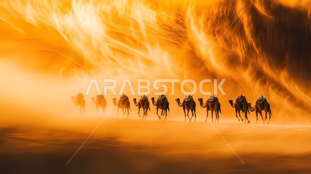 A group of camels walking on the soft golden sands of the desert at sunset, camel farms in the deserts of Saudi Arabia, mammal and livestock care, nature reserves for raising camels in desert areas, formations, formations and sand dunes