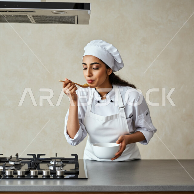 مهارات وفنون الطبخ, إعداد الأطعمة بمكونات طبيعية طازجة، صورة مقربة لإمرأة عربية خليجية سعودية مبتسمة تقوم بتذوق النكهات بإيماءات السرور والسعادة، تحضير وصفات الطعام، المتعة في تحصير المأكولات الشهية