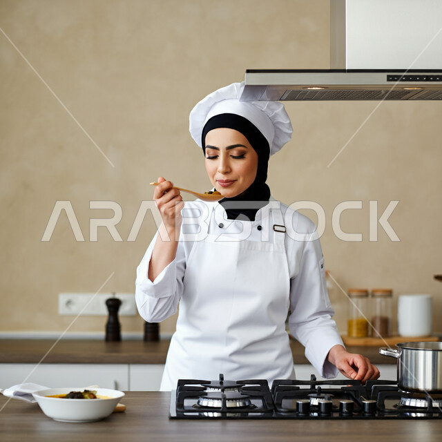 مهارات وفنون الطبخ, إعداد الأطعمة بمكونات طبيعية طازجة، صورة مقربة لإمرأة عربية خليجية سعودية مبتسمة تقوم بتذوق النكهات بإيماءات السرور والسعادة، تحضير وصفات الطعام، المتعة في تحصير المأكولات الشهية