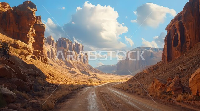 Desert areas and desert natural environment during the day, plateaus and hills of soft golden sand, rock formations and formations in the desert of the Kingdom of Saudi Arabia, heights and terrains and mountain peaks in the wilderness, background of blue sky full of clouds