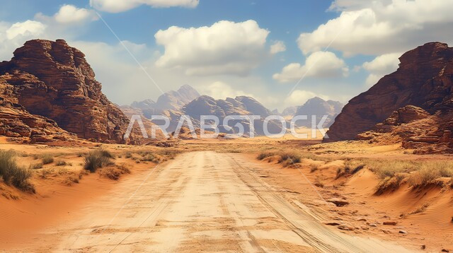 مناطق البادية والبيئة الطبيعية الصحراوية في وقت النهار, الهضاب و التلال من الرمال الناعمة الذهبية، التشكلات و التكوينات الصخرية في صحراء المملكة العربية السعودية، المرتفعات و التضاريس والقمم الجبلية في البراري، خلفية السماء الزرقاء المليئة بالغيوم