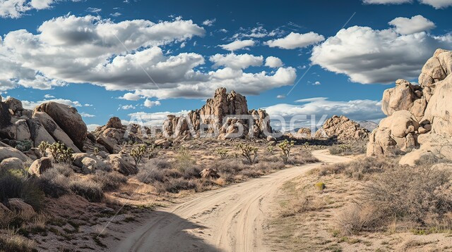 Desert areas and desert natural environment during the day, plateaus and hills of soft golden sand, rock formations and formations in the desert of the Kingdom of Saudi Arabia, heights and terrains and mountain peaks in the wilderness, background of blue sky full of clouds