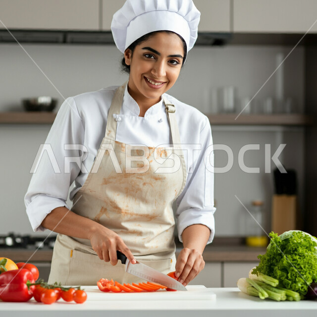 العمل في مطابخ ومطاعم المملكة، فنون ومهارات الطبخ, إعداد الاكل بمكونات طبيعية طازجة، صورة لامرأة عربية خليجية سعودية مبتسمة ترتدي مئزر الطبخ تقوم بإعداد الطعام بايماءات السرور والسعادة، فن الطهي وتحضير الأطعمة اللذيذة، تقديم المأكولات الشعبية التقليدية الشهية