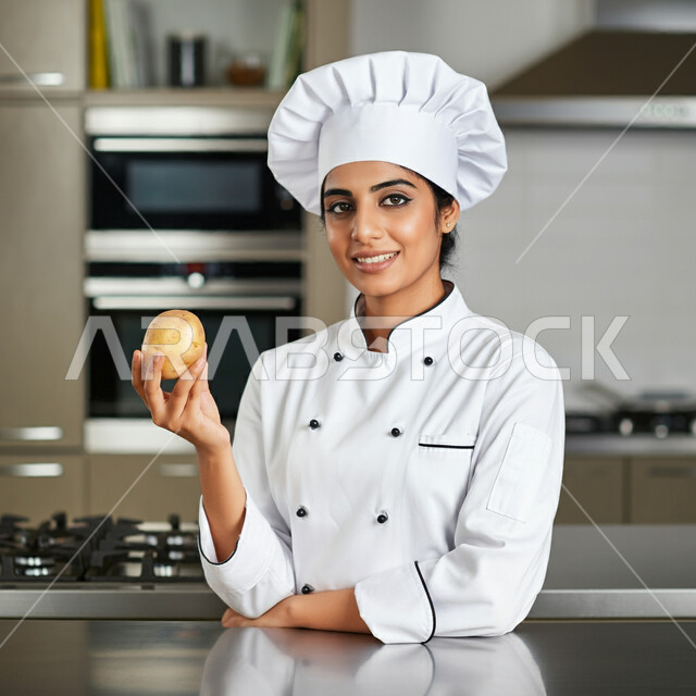 العمل في مطابخ ومطاعم المملكة، فنون ومهارات الطبخ, إعداد الاكل بمكونات طبيعية طازجة، صورة لامرأة عربية خليجية سعودية مبتسمة ترتدي مئزر الطبخ تقوم بإعداد الطعام بايماءات السرور والسعادة، فن الطهي وتحضير الأطعمة اللذيذة، تقديم المأكولات الشعبية التقليدية الشهية