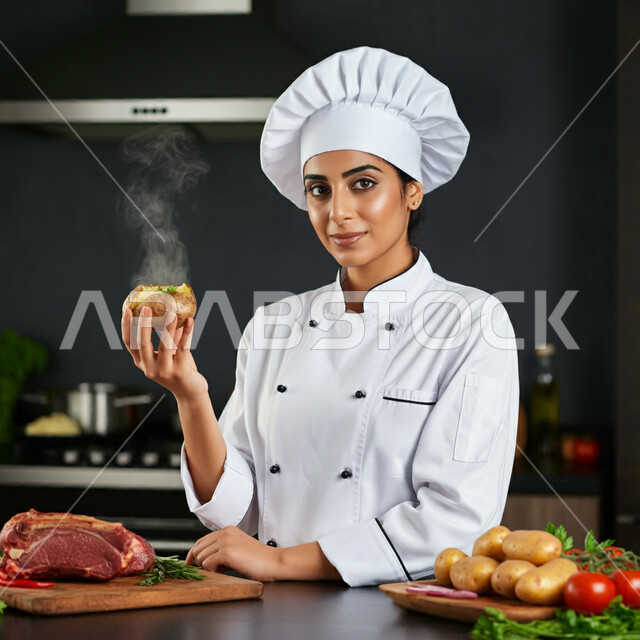 العمل في مطابخ ومطاعم المملكة، فنون ومهارات الطبخ, إعداد الاكل بمكونات طبيعية طازجة، صورة لامرأة عربية خليجية سعودية مبتسمة ترتدي مئزر الطبخ تقوم بإعداد الطعام بايماءات السرور والسعادة، فن الطهي وتحضير الأطعمة اللذيذة، تقديم المأكولات الشعبية التقليدية الشهية