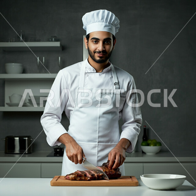 إعداد الأطعمة الشهية في مطابخ ومطاعم المملكة العربية السعودية، فنون الطهي ومهارات تقديم الطعام، صورة مقربة لطباخ عربي خليجي سعودي يرتدي اليونيفورم الخاص بالعمل يقوم بتحضير الوصفات الصحية و أطباق الوجبات الرئيسية