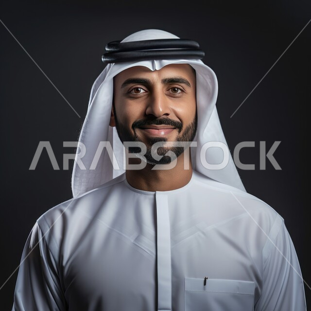 الأناقة والاهتمام بالمظهر الخارجي، التقاط الصور الشخصية للوثائق الرسمية، مفهوم الرجولة والثقة بالنفس، بورتريه مقرب لرجل عربي خليجي إماراتي يرتدي الكندورة والغترة ينظر الى الكاميرا بتعابير السرور, الوقوف باستعداد واستقامة، خلفية سوداء