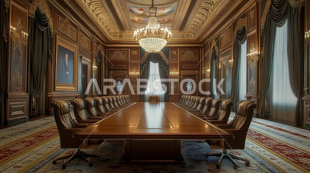 Decorative walls and ceilings, meeting room with modern contemporary designs, classic interior decorations and distinctive designs in modern style, luxury hotels and resorts, meeting table and elegant and comfortable furniture