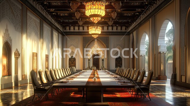 غرفة اجتماعات بتصميمات عصرية حديثه، الجدران والأسقف المزخرفة، ديكورات داخليه كلاسيكية وتصاميم متميزة على الطراز الحديث، فنادق ومنتجعات فاخره, طاولة اجتماع وأثاث راقي ومريح