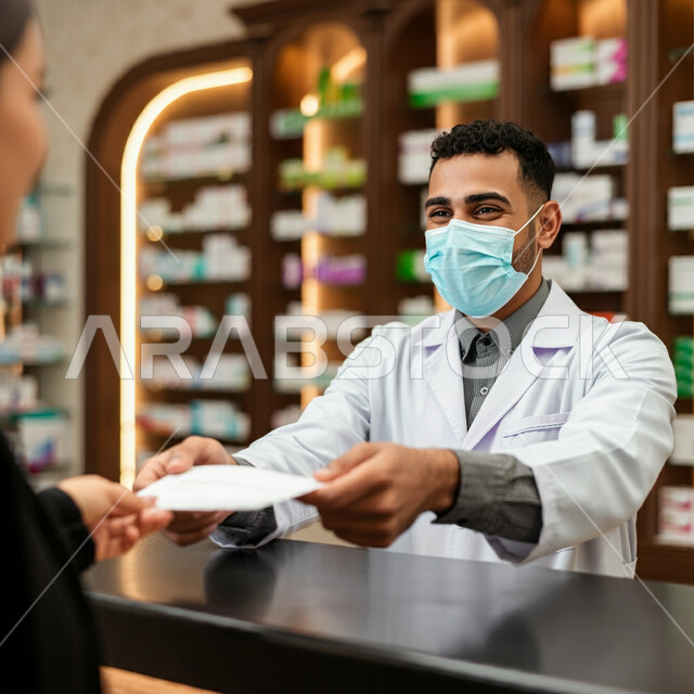 أداء الواجبات المهنية بجودة عالية، صرف العقاقير الموجودة في الوصفات الطبية ، توفير وتجهيز الادوية اللازمة للمريضة، استقبال المرضى وتقديم العلاج اللازم،  صيدلي عربي خليجي سعودي يرتدي الكمامة الطبية للوقاية من فايروس كورونا، مفهوم الصيدلة والرعاية الصحية