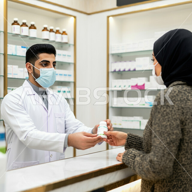 أداء الواجبات المهنية بجودة عالية، صرف العقاقير الموجودة في الوصفات الطبية ، توفير وتجهيز الادوية اللازمة للمريضة، استقبال المرضى وتقديم العلاج اللازم،  صيدلي عربي خليجي سعودي يرتدي الكمامة الطبية للوقاية من فايروس كورونا، مفهوم الصيدلة والرعاية الصحية