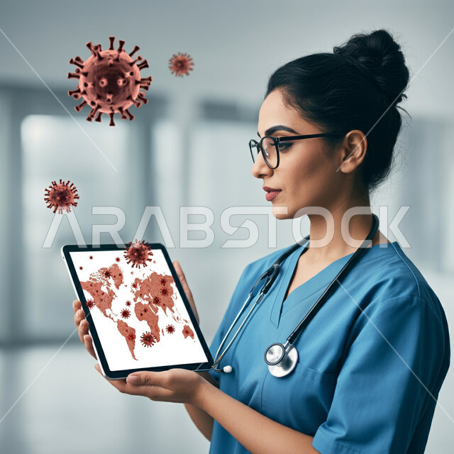 أيقونات طبية علمية بتقنية الهولوجرام, الاستعداد لتقديم الخدمات للمرضى، العمل في القطاع الطبي, صورة مقربة لطبيبة عربية سعودية خليجية ترتدي المعطف الابيض تمسك بيدها الجهاز اللوحي, مفهوم الطب والرعاية الصحية، مهن ووظائف نسائية، استخدام الاجهزة التقنية الحديثة 