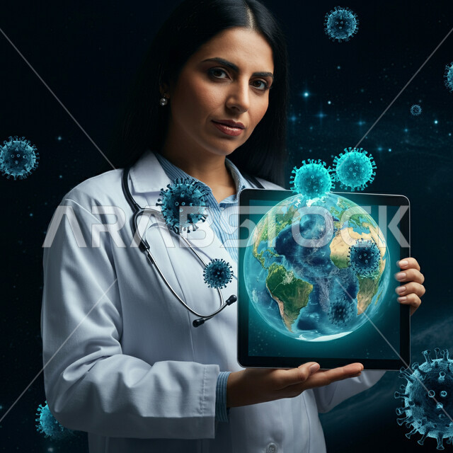 Scientific medical icons with hologram technology, preparing to provide services to patients, working in the medical sector, close-up of a Saudi Arabian Gulf female doctor wearing a white coat holding a tablet in her hand, the concept of medicine and health care, female professions and jobs, using modern technical devices