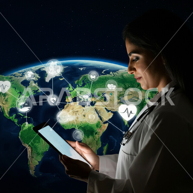 Scientific medical icons with hologram technology, preparing to provide services to patients, working in the medical sector, close-up of a Saudi Arabian Gulf female doctor wearing a white coat holding a tablet in her hand, the concept of medicine and health care, female professions and jobs, using modern technical devices
