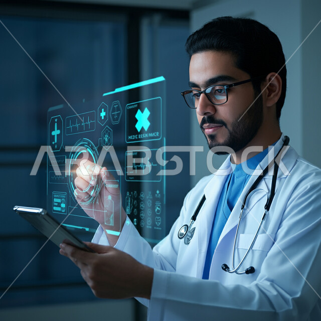  استخدام الاجهزة التقنية الحديثة في المجال الصحي، أيقونات طبية علمية بتقنية الهولوجرام, الاستعداد لتقديم الخدمات للمرضى، العمل في القطاع الطبي, صورة مقربة لطبيب عربي سعودي خليجي يرتدي المعطف الابيض يمسك بيده الجهاز اللوحي, مفهوم الطب والرعاية الصحية