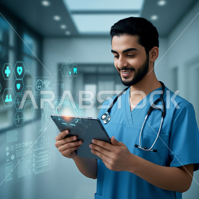 العمل في القطاع الطبي, استخدام الاجهزة التقنية الحديثة في المجال الصحي، أيقونات طبية علمية بتقنية الهولوجرام, الاستعداد لتقديم الخدمات للمرضى، صورة مقربة لطبيب عربي سعودي خليجي يرتدي اليونيفورم يمسك بيده الجهاز اللوحي, مفهوم الطب والرعاية الصحية
