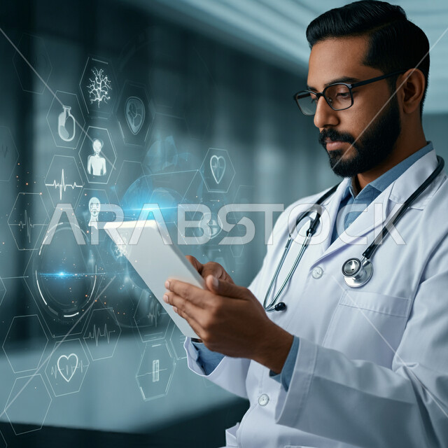  استخدام الاجهزة التقنية الحديثة في المجال الصحي، أيقونات طبية علمية بتقنية الهولوجرام, الاستعداد لتقديم الخدمات للمرضى، العمل في القطاع الطبي, صورة مقربة لطبيب عربي سعودي خليجي يرتدي المعطف الابيض يمسك بيده الجهاز اللوحي, مفهوم الطب والرعاية الصحية
