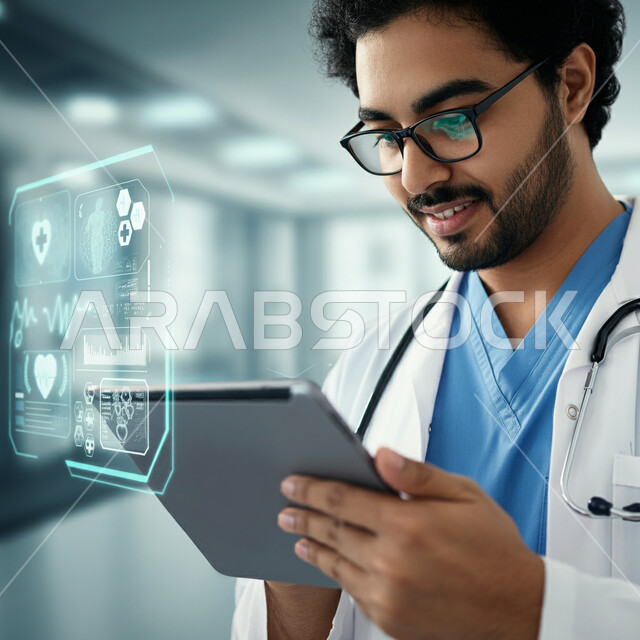  استخدام الاجهزة التقنية الحديثة في المجال الصحي، أيقونات طبية علمية بتقنية الهولوجرام, الاستعداد لتقديم الخدمات للمرضى، العمل في القطاع الطبي, صورة مقربة لطبيب عربي سعودي خليجي يرتدي المعطف الابيض يمسك بيده الجهاز اللوحي, مفهوم الطب والرعاية الصحية