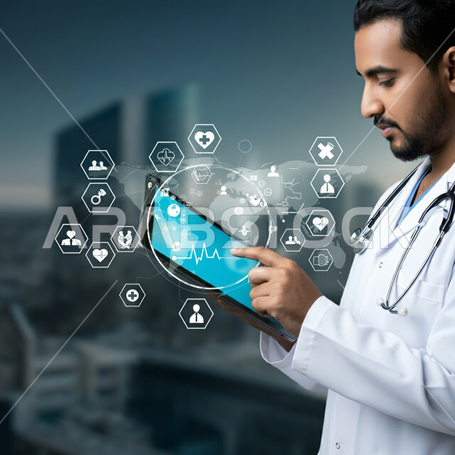  استخدام الاجهزة التقنية الحديثة في المجال الصحي، أيقونات طبية علمية بتقنية الهولوجرام, الاستعداد لتقديم الخدمات للمرضى، العمل في القطاع الطبي, صورة مقربة لطبيب عربي سعودي خليجي يرتدي المعطف الابيض يمسك بيده الجهاز اللوحي, مفهوم الطب والرعاية الصحية