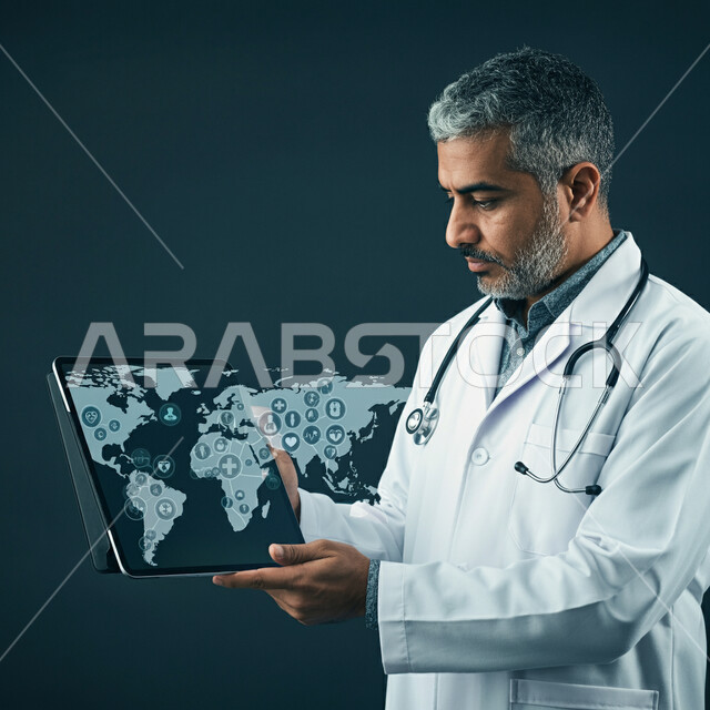  استخدام الاجهزة التقنية الحديثة في المجال الصحي، أيقونات طبية علمية بتقنية الهولوجرام, الاستعداد لتقديم الخدمات للمرضى، العمل في القطاع الطبي, صورة مقربة لطبيب عربي سعودي خليجي يرتدي المعطف الابيض يمسك بيده الجهاز اللوحي, مفهوم الطب والرعاية الصحية