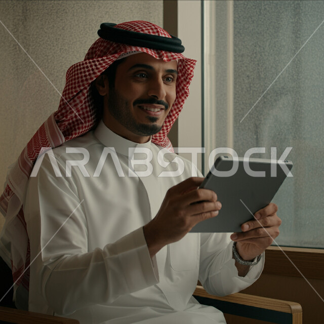 Using modern techniques, devices and technology, a close-up image of a smiling Saudi Arabian Gulf man wearing a traditional thobe and shemagh using a tablet with expressions of joy and happiness, browsing social media sites on the Internet, the concept of completing tasks remotely, communicating with family and friends