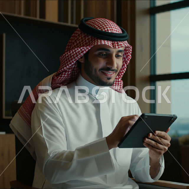 استخدام التقنيات والاجهزة الحديثة والتكنولوجيا، صورة مقربة لرجل عربي خليجي سعودي مبتسم يرتدي الثوب التقليدي والشماغ يقوم باستخدام جهاز التابلت بتعابير الفرح والسرور، تصفح مواقع التواصل الاجتماعي عبر الانترنت، مفهوم انجاز المهام عن بعد، التواصل مع الاهل والاصدقاء