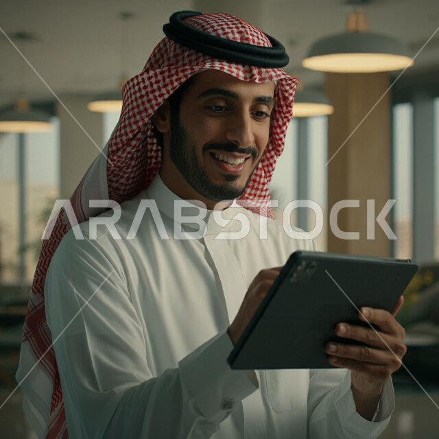 Using modern techniques, devices and technology, a close-up image of a smiling Saudi Arabian Gulf man wearing a traditional thobe and shemagh using a tablet with expressions of joy and happiness, browsing social media sites on the Internet, the concept of completing tasks remotely, communicating with family and friends