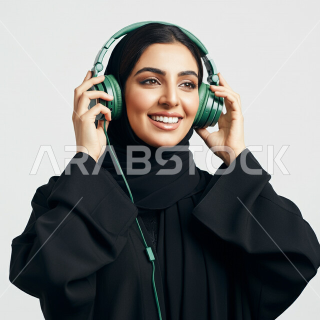 مفهوم الاصغاء والاستماع الى الانغام الموسيقية، استخدام الاجهزة الحديثة والتكنولوجيا، صورة مقربة لشابة عربية خليجية سعودية مبتسمة ترتدي العباءة السوداء تضع سماعات الراس بتعابير الاندماج والسرور، قضاء وقت ممتع باستخدام تقنية الهيدفون 