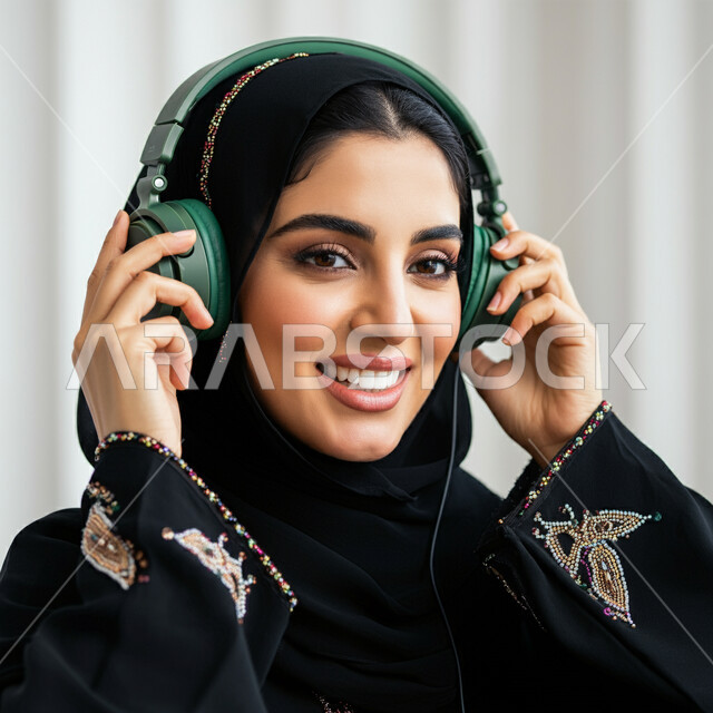 مفهوم الاصغاء والاستماع الى الانغام الموسيقية، استخدام الاجهزة الحديثة والتكنولوجيا، صورة مقربة لشابة عربية خليجية سعودية مبتسمة ترتدي العباءة السوداء تضع سماعات الراس بتعابير الاندماج والسرور، قضاء وقت ممتع باستخدام تقنية الهيدفون 