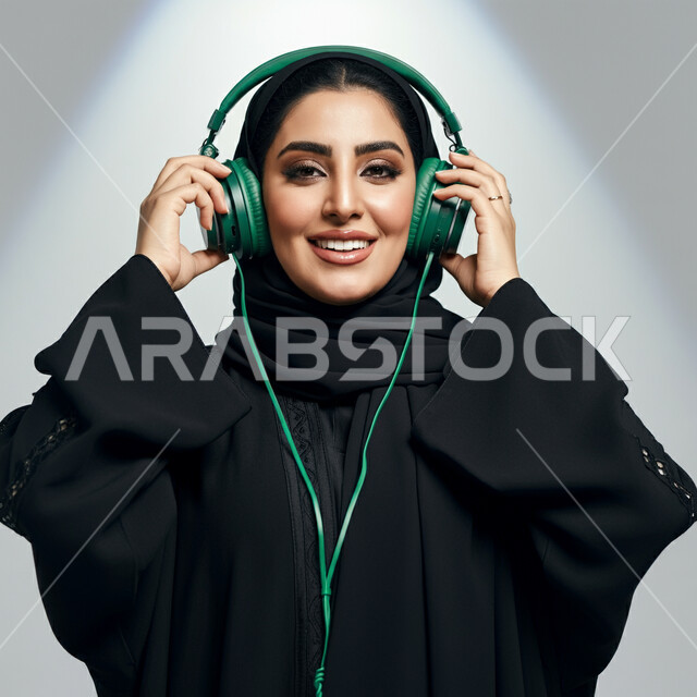 مفهوم الاصغاء والاستماع الى الانغام الموسيقية، استخدام الاجهزة الحديثة والتكنولوجيا، صورة مقربة لشابة عربية خليجية سعودية مبتسمة ترتدي العباءة السوداء تضع سماعات الراس بتعابير الاندماج والسرور، قضاء وقت ممتع باستخدام تقنية الهيدفون 