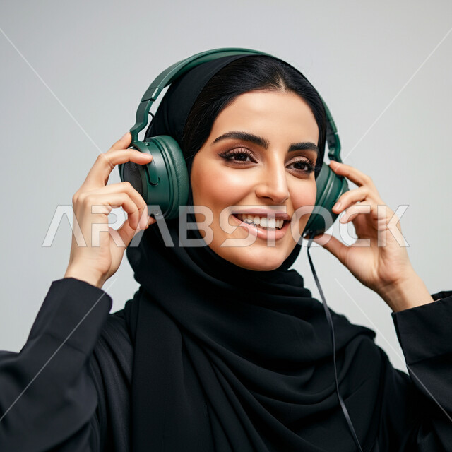مفهوم الاصغاء والاستماع الى الانغام الموسيقية، استخدام الاجهزة الحديثة والتكنولوجيا، صورة مقربة لشابة عربية خليجية سعودية مبتسمة ترتدي العباءة السوداء تضع سماعات الراس بتعابير الاندماج والسرور، قضاء وقت ممتع باستخدام تقنية الهيدفون 
