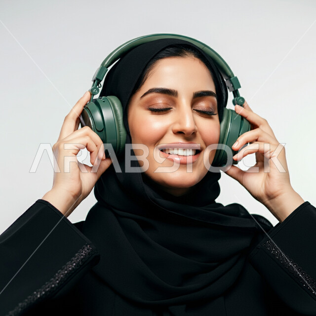 مفهوم الاصغاء والاستماع الى الانغام الموسيقية، استخدام الاجهزة الحديثة والتكنولوجيا، صورة مقربة لشابة عربية خليجية سعودية مبتسمة ترتدي العباءة السوداء تضع سماعات الراس بتعابير الاندماج والسرور، قضاء وقت ممتع باستخدام تقنية الهيدفون 