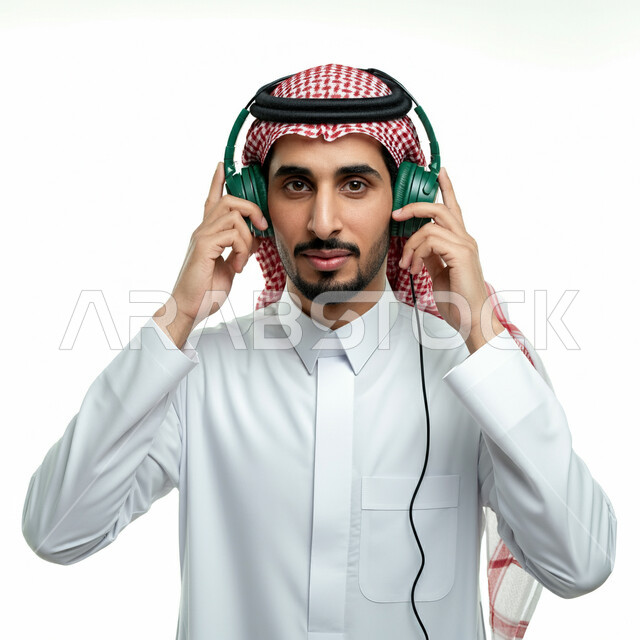 دمج التسلية بالاجهزة الحديثة والتكنولوجيا، مفهوم الاصغاء والاستماع الى الانغام الموسيقية،  صورة مقربة لرجل عربي خليجي سعودي يرتدي الثوب التقليدي والشماغ يضع سماعات الراس بتعابير الاندماج والسرور، قضاء اوقات ممتعة في عطلة نهاية الاسبوع، استخدام تقنية الهيدفون